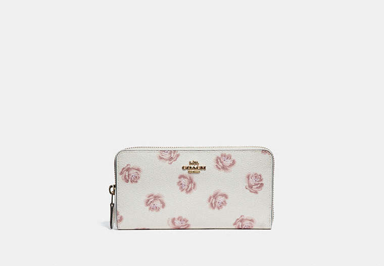 COACH®,ACCORDION ZIP WALLET WITH ROSE PRINT,pvc,Chalk Rose Print/Light Gold,Front View