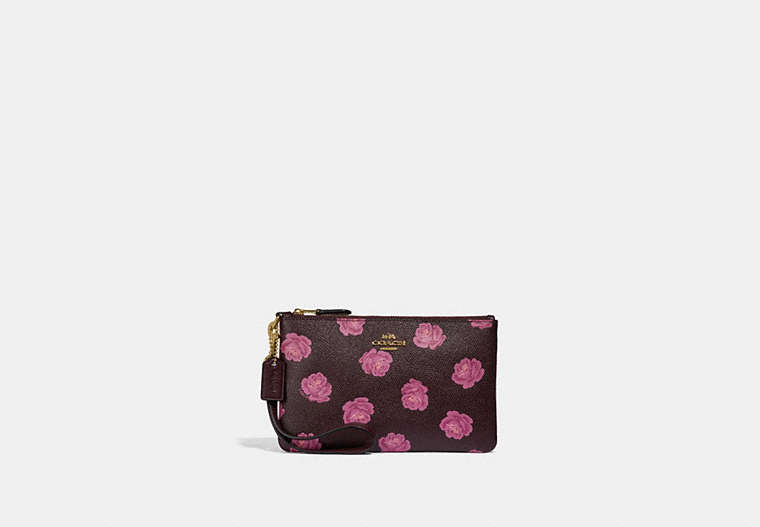 COACH®,SMALL WRISTLET WITH ROSE PRINT,Coated Canvas,Gold/Oxblood Rose Print,Front View