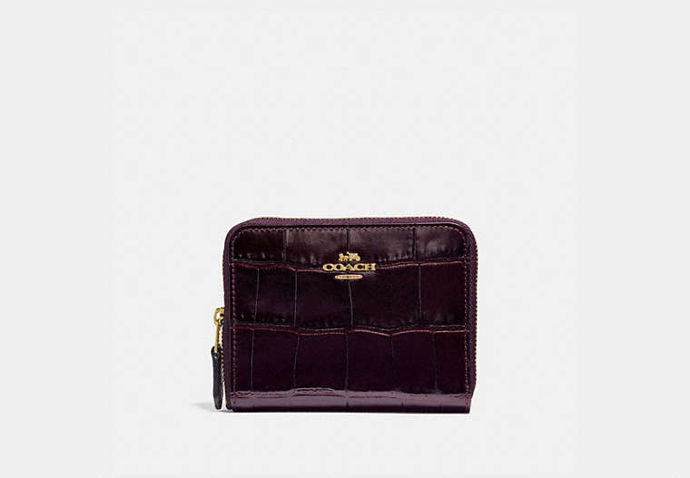 COACH®,SMALL ZIP AROUND WALLET,Leather,Light Gold/Plum,Front View