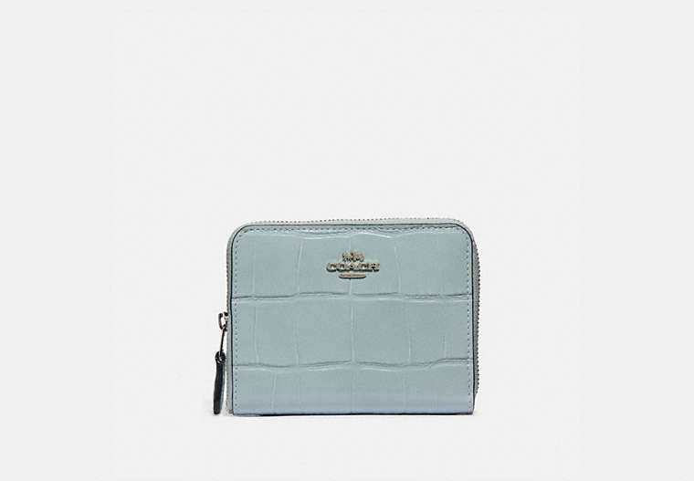COACH®,SMALL ZIP AROUND WALLET,Leather,Silver/Sky,Front View