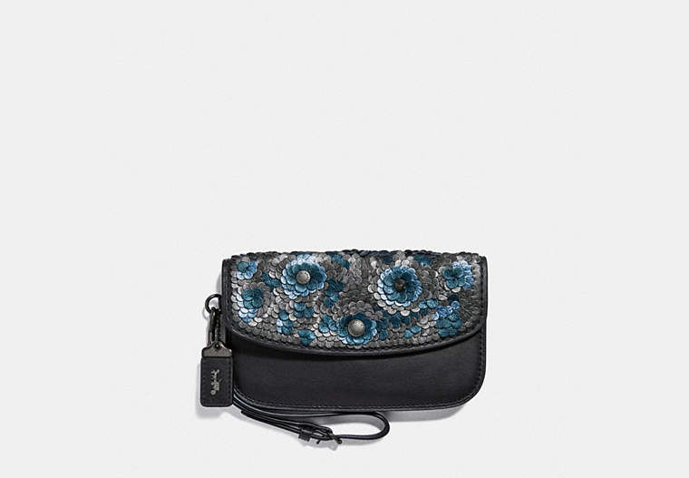COACH®,CLUTCH WITH LEATHER SEQUIN,Leather,Blue Multi/Black Copper,Front View