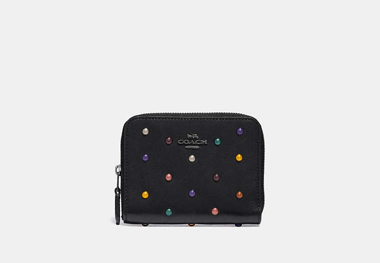 COACH®,SMALL ZIP AROUND WALLET WITH RAINBOW RIVETS,Leather,Gunmetal/Black,Front View