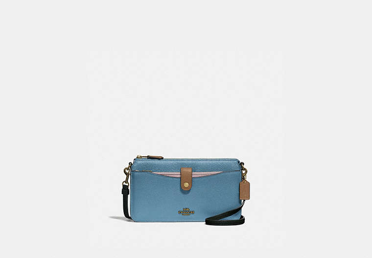 COACH®,NOA POP-UP MESSENGER IN COLORBLOCK,Leather,Mini,Brass/Pacific Blue Multi,Front View
