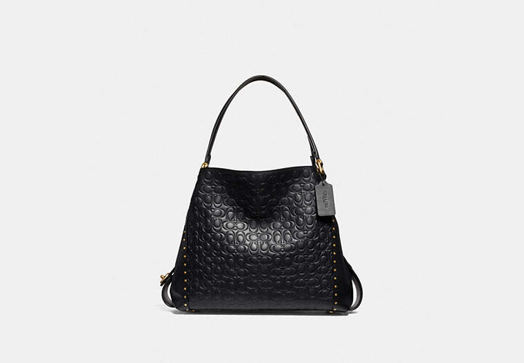 COACH®,EDIE SHOULDER BAG 31 IN SIGNATURE LEATHER WITH RIVETS,Leather,Large,Brass/Black,Front View