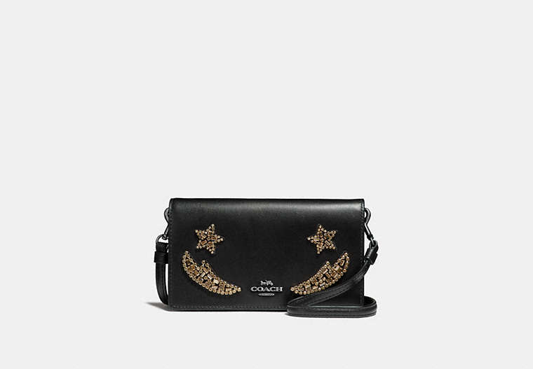 COACH®,SLIM PHONE CROSSBODY WITH CRYSTAL EMBELLISHMENT,Leather,Gunmetal/Black,Front View