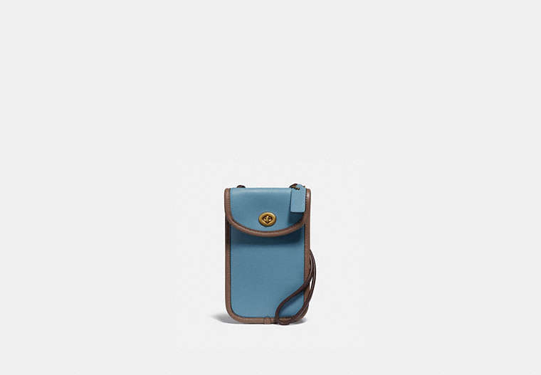 COACH®,FLAT TURNLOCK CROSSBODY 12 IN COLORBLOCK,Leather,Brass/Pacific Blue Multi,Front View image number 0