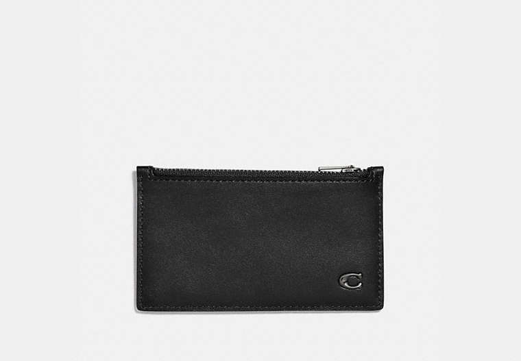 COACH®,ZIP CARD CASE WITH SIGNATURE HARDWARE,Leather,Black,Front View image number 0