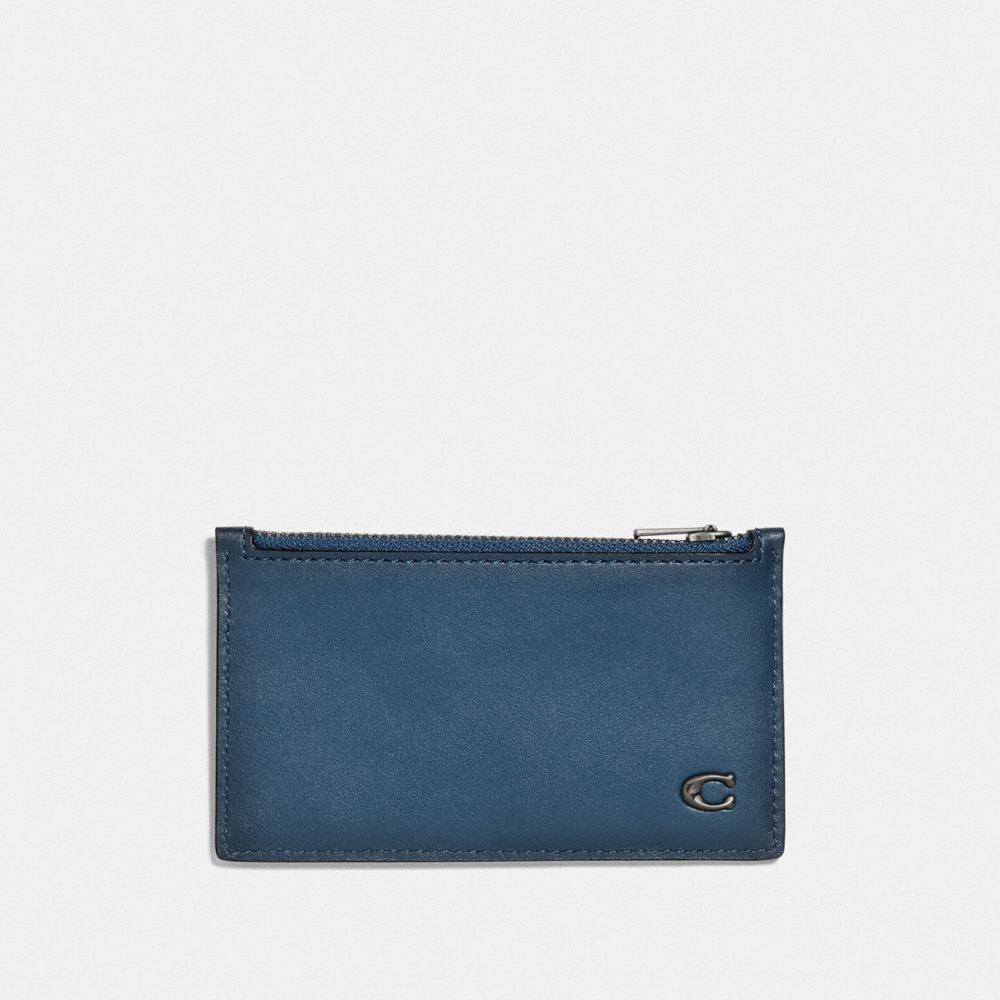COACH®,ZIP CARD CASE WITH SIGNATURE HARDWARE,Leather,Denim,Front View