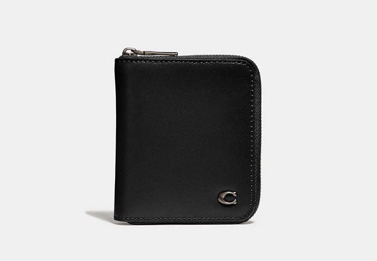 COACH®,SMALL ZIP AROUND WALLET WITH SIGNATURE HARDWARE,Leather,Black,Front View