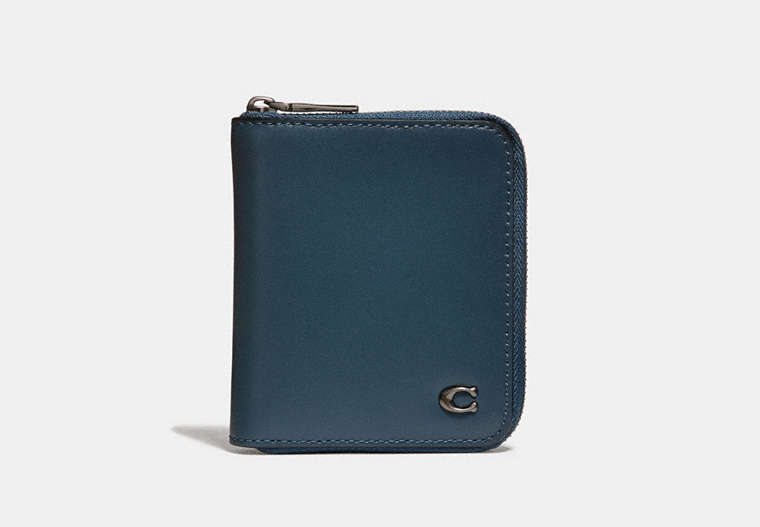 COACH®,SMALL ZIP AROUND WALLET WITH SIGNATURE HARDWARE,Leather,Denim,Front View