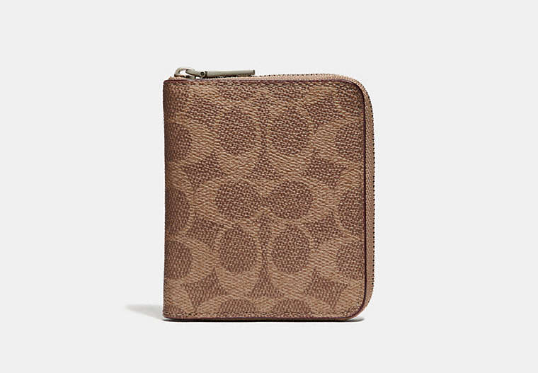 COACH®,SMALL ZIP AROUND WALLET IN SIGNATURE CANVAS,Leather,KHAKI,Front View image number 0