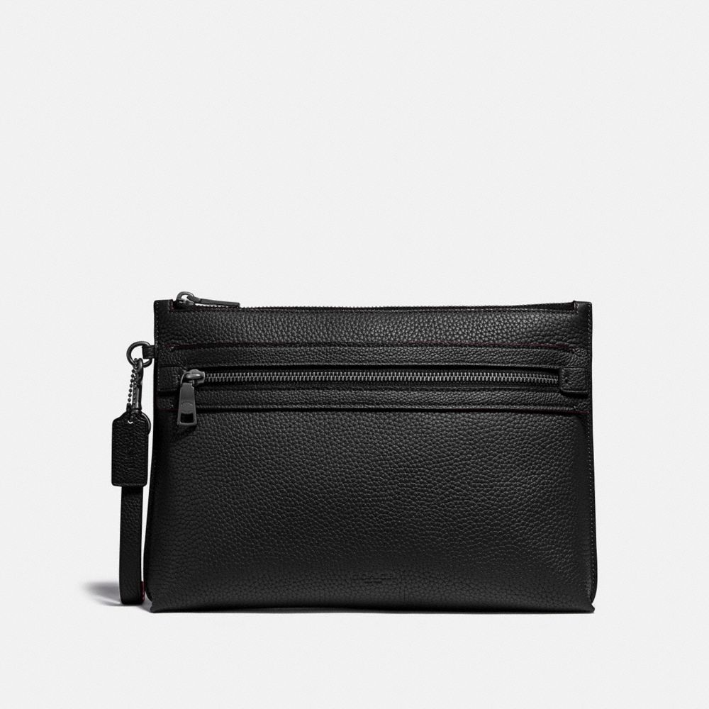 COACH®,ACADEMY POUCH,Pebbled Leather,Medium,Black,Front View