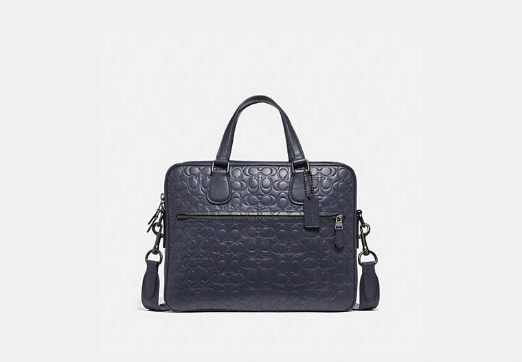 COACH®,HUDSON 5 BAG IN SIGNATURE LEATHER,Leather,Medium,Gunmetal/Midnight Navy,Front View