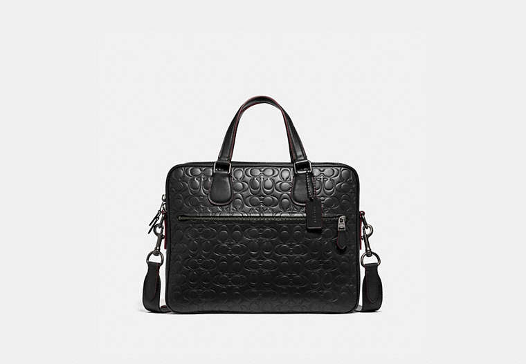 COACH®,HUDSON 5 BAG IN SIGNATURE LEATHER,Leather,Medium,Gunmetal/Black,Front View