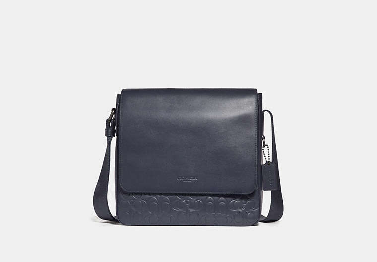 COACH®,METROPOLITAN MAP BAG IN SIGNATURE LEATHER,Leather,Medium,Black Antique Nickel/Midnight Navy,Front View