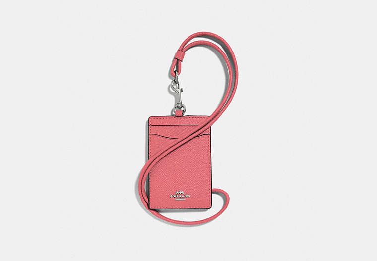 COACH®,ID LANYARD,Leather,Silver/Bright Coral,Front View