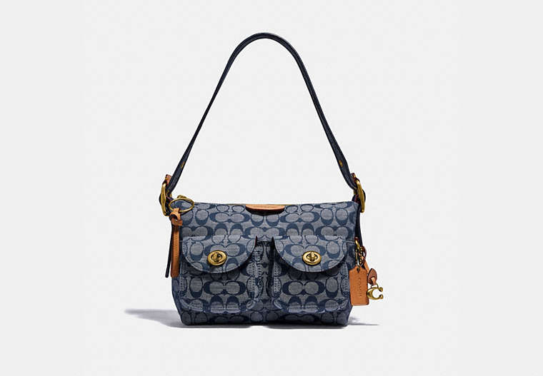 COACH®,CARGO SHOULDER BAG IN SIGNATURE CHAMBRAY,Signature Chambray/Pebble Leather,Brass/Chambray,Front View