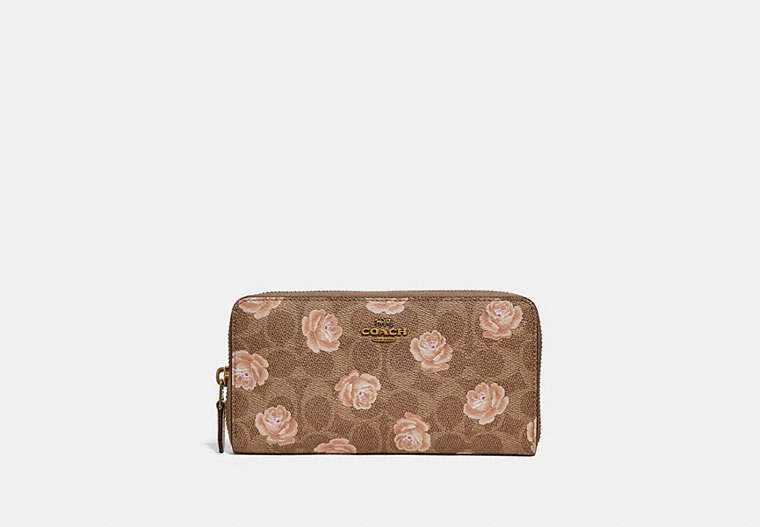 COACH®,ACCORDION ZIP WALLET IN SIGNATURE ROSE PRINT,Coated Canvas,Brass/Tan,Front View
