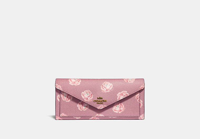 COACH®,SOFT WALLET WITH ROSE PRINT,Coated Canvas,Brass/Rose Print,Front View