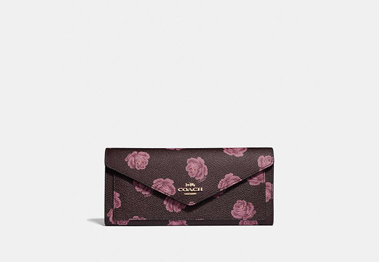 COACH®,SOFT WALLET WITH ROSE PRINT,Coated Canvas,Gold/Oxblood Rose Print,Front View