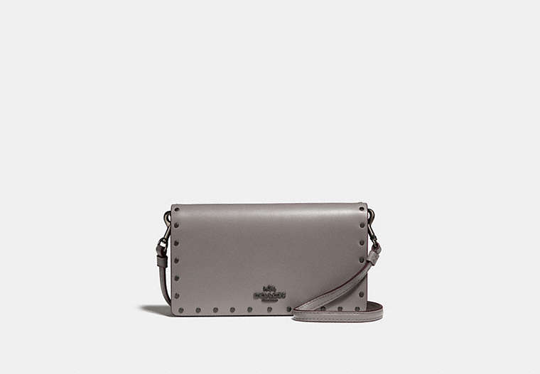 COACH®,SLIM PHONE CROSSBODY WITH RIVETS,Leather,Black Copper/Heather Grey,Front View