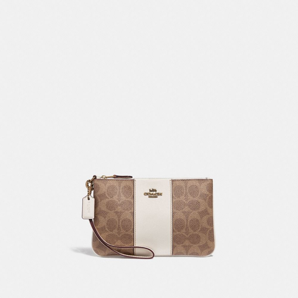 COACH®,SMALL WRISTLET IN COLORBLOCK SIGNATURE CANVAS,Medium,Brass/Tan/Chalk,Front View