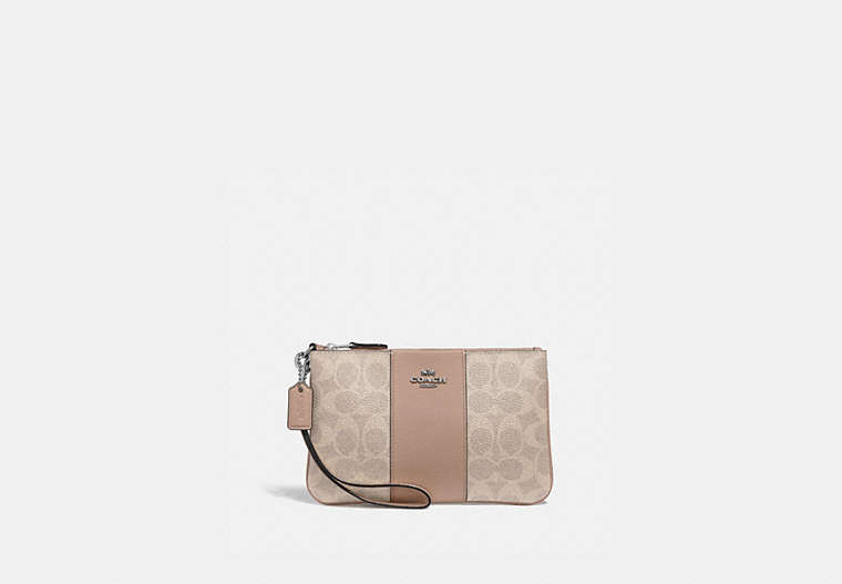 COACH®,SMALL WRISTLET IN COLORBLOCK SIGNATURE CANVAS,canvas,Medium,Light Antique Nickel/Sand Taupe,Front View