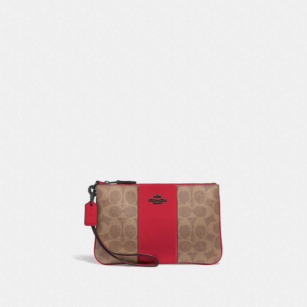 COACH®,SMALL WRISTLET IN COLORBLOCK SIGNATURE CANVAS,Medium,Pewter/Tan Red Apple,Front View