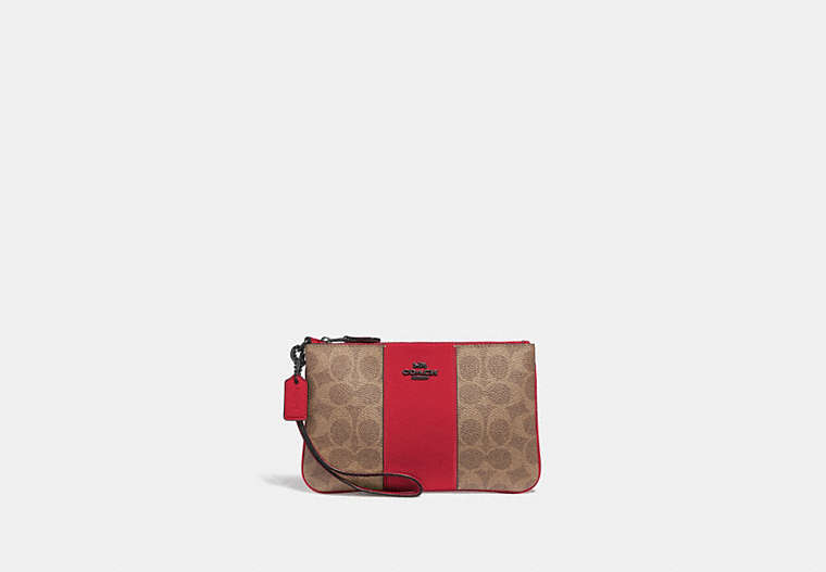 COACH®,SMALL WRISTLET IN COLORBLOCK SIGNATURE CANVAS,canvas,Medium,Pewter/Tan Red Apple,Front View