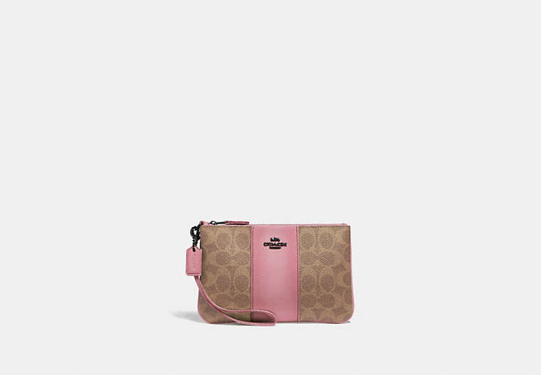 COACH®,SMALL WRISTLET IN COLORBLOCK SIGNATURE CANVAS,canvas,Medium,Pewter/Tan True Pink,Front View