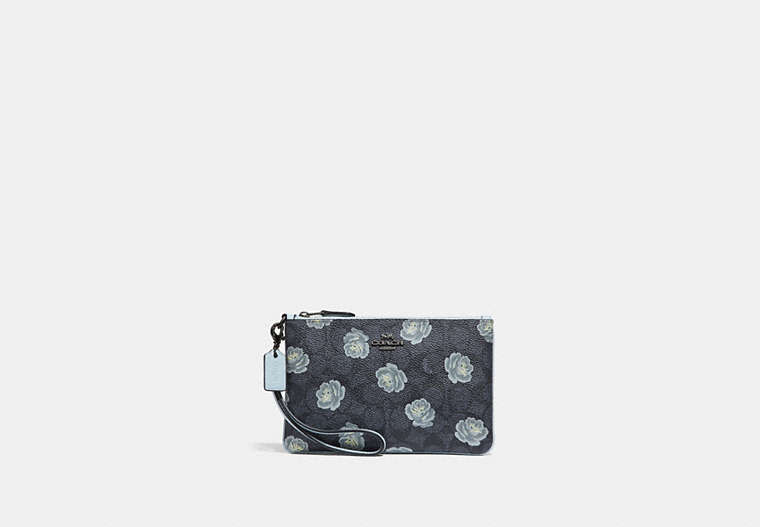 COACH®,SMALL WRISTLET IN SIGNATURE ROSE PRINT,Coated Canvas,Charcoal/Sky/Dark Gunmetal,Front View