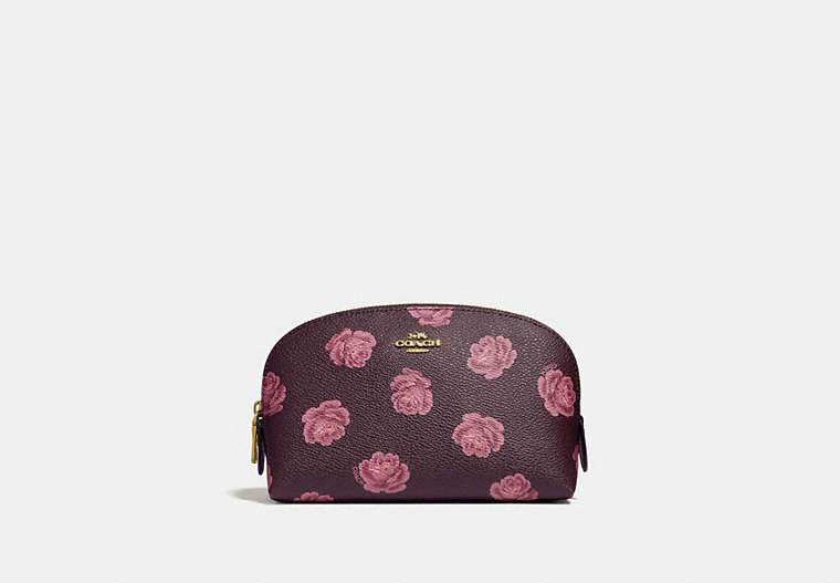 COACH®,COSMETIC CASE 17 WITH ROSE PRINT,Coated Canvas,Gold/Oxblood Rose Print,Front View