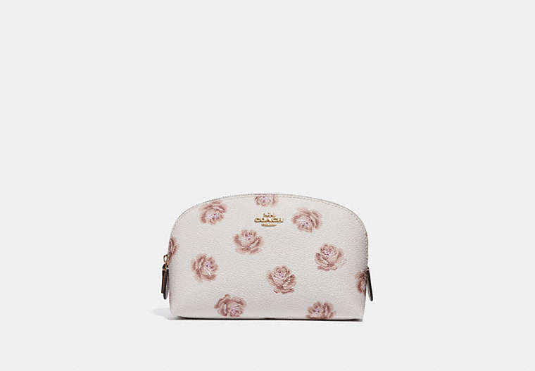 COACH®,COSMETIC CASE 17 WITH ROSE PRINT,Coated Canvas,Chalk Rose Print/Light Gold,Front View