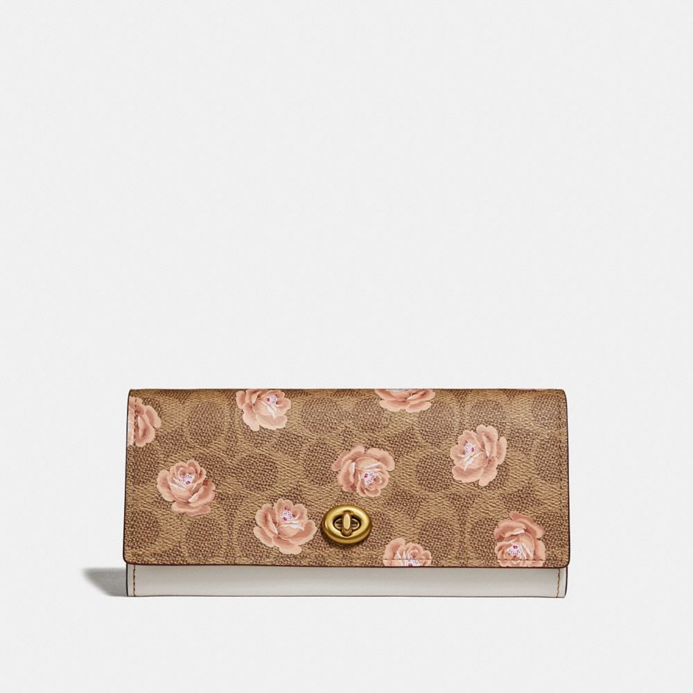 COACH®,ENVELOPE WALLET IN SIGNATURE ROSE PRINT,Coated Canvas,Brass/Tan,Front View