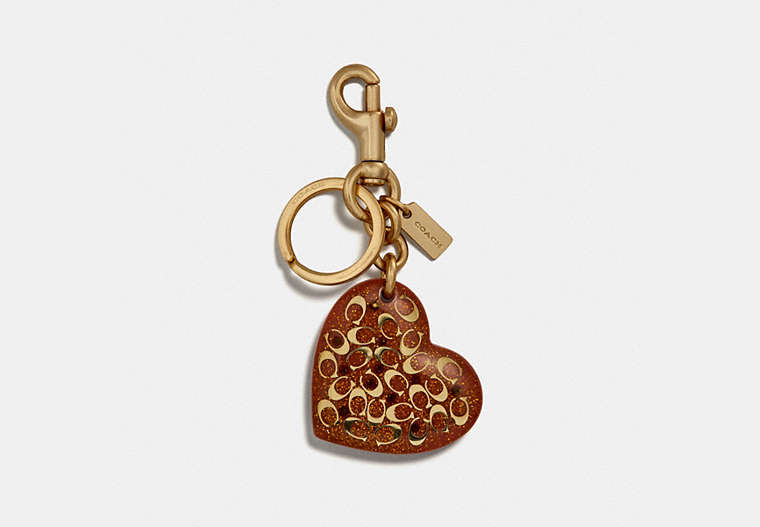 COACH®,SIGNATURE HEART BAG CHARM,Metal,Gold/CORAL,Front View