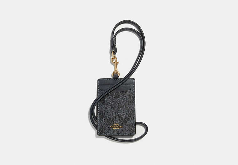 COACH®,ID LANYARD IN COLORBLOCK SIGNATURE CANVAS,Coated Canvas,Charcoal/Midnight Navy/Light Gold,Front View