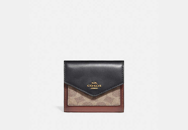 COACH®,SMALL WALLET IN COLORBLOCK SIGNATURE CANVAS,pvc,Brass/Tan/Black,Front View