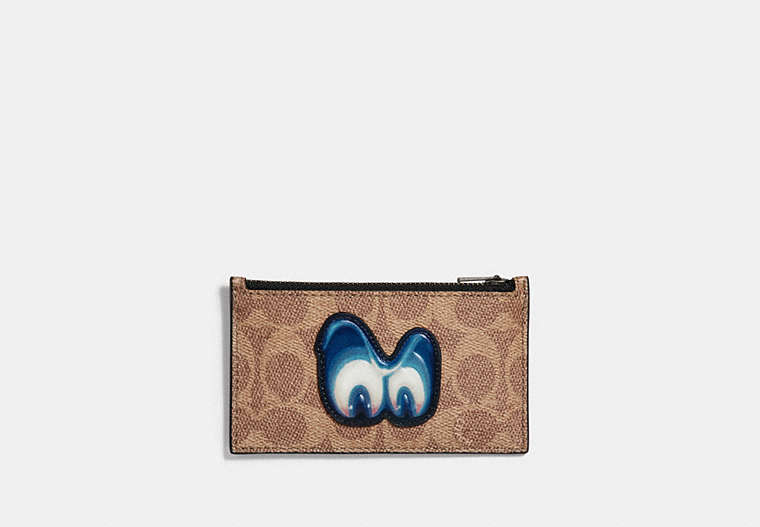 COACH®,DISNEY X COACH ZIP CARD CASE IN SIGNATURE WITH PATCH,Coated Canvas,KHAKI,Front View