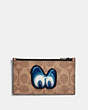 COACH®,DISNEY X COACH ZIP CARD CASE IN SIGNATURE WITH PATCH,Coated Canvas,KHAKI,Front View
