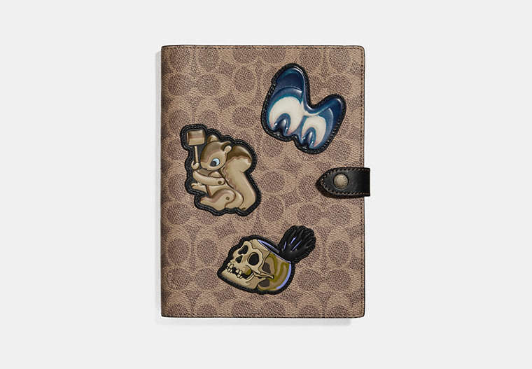COACH®,DISNEY X COACH SKETCHBOOK IN SIGNATURE PATCHWORK,Coated Canvas,KHAKI,Front View