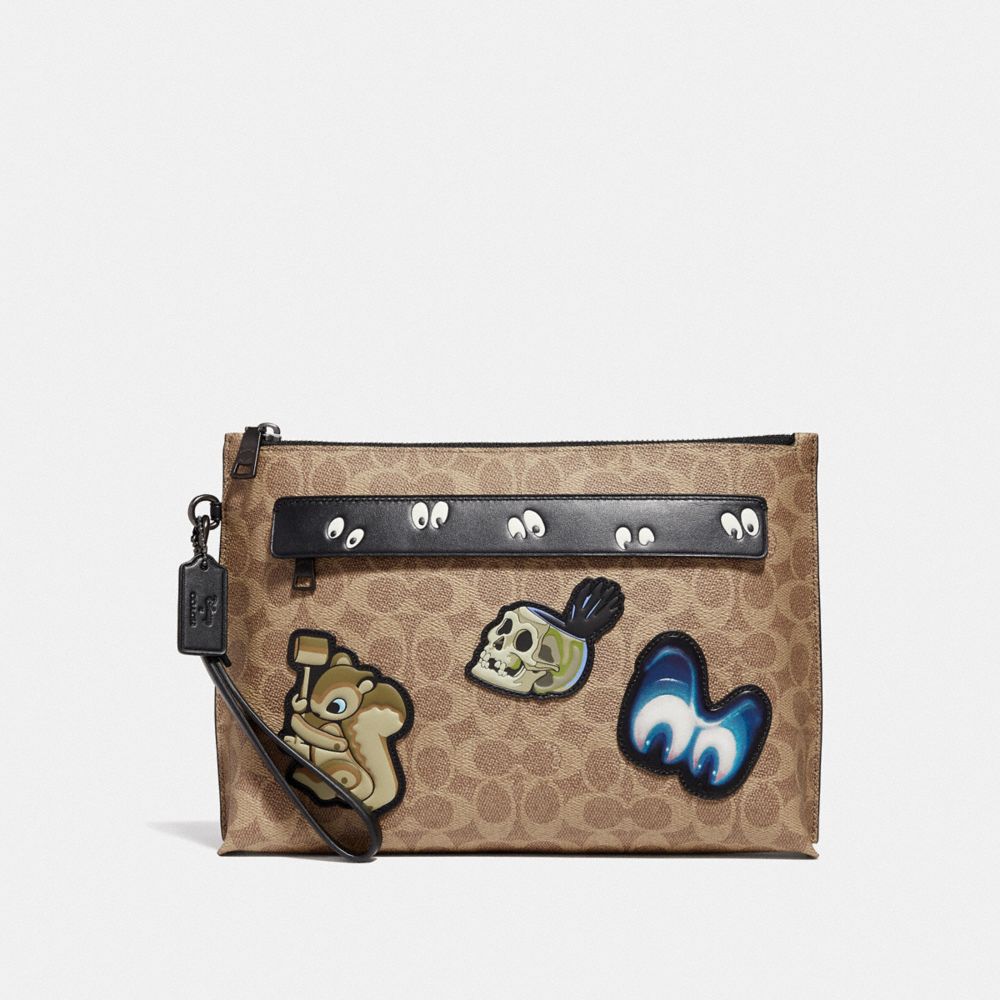 COACH®,DISNEY X COACH CARRYALL POUCH WITH SIGNATURE PATCHWORK,Coated Canvas,KHAKI,Front View