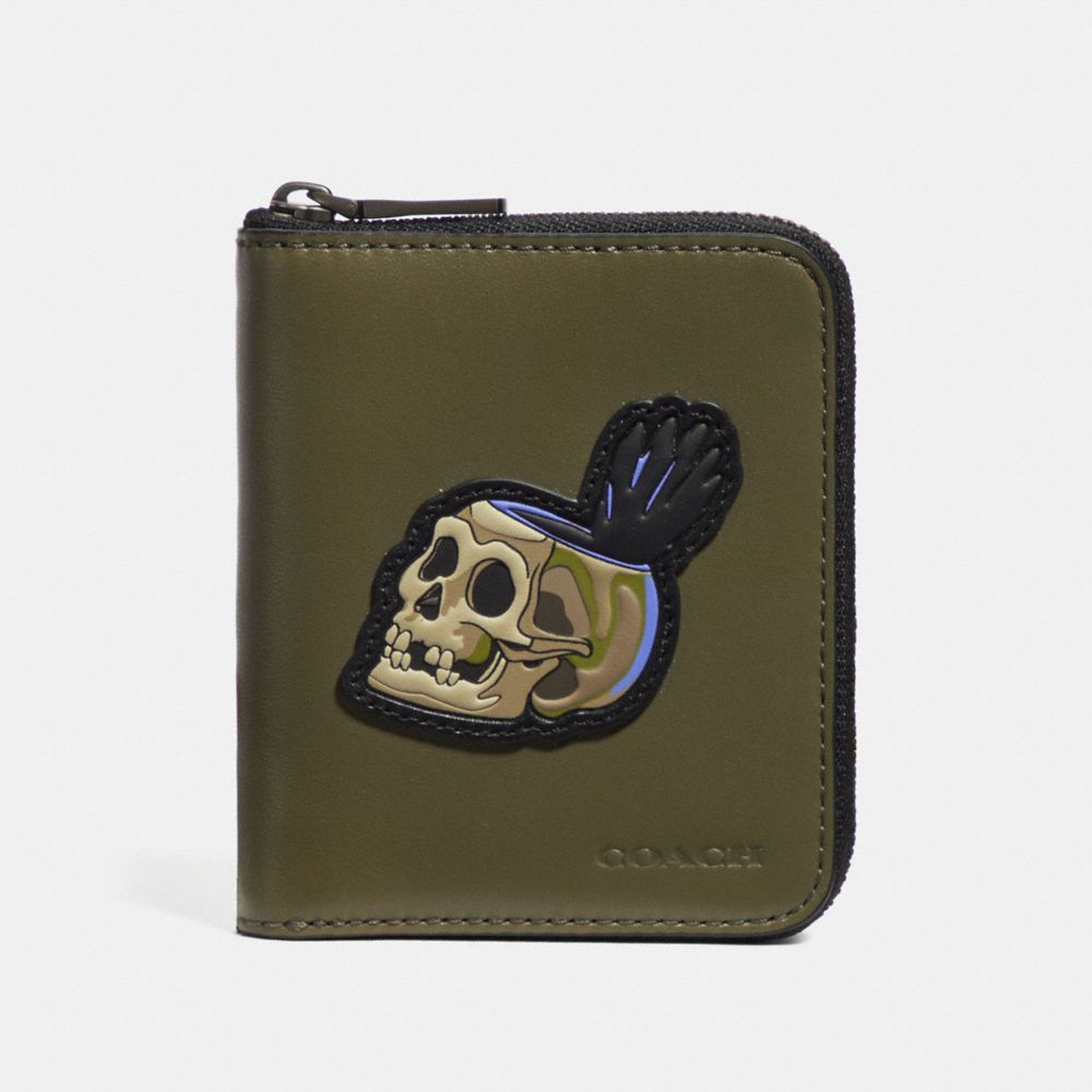 COACH®,DISNEY X COACH SMALL ZIP AROUND WALLET WITH SKULL,Leather,ARMY GREEN,Front View