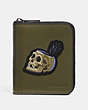 COACH®,DISNEY X COACH SMALL ZIP AROUND WALLET WITH SKULL,Leather,ARMY GREEN,Front View