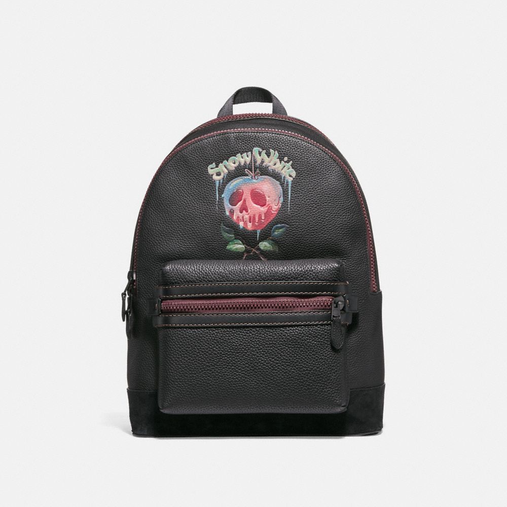 COACH®,DISNEY X COACH ACADEMY BACKPACK WITH POISON APPLE GRAPHIC,Leather,Large,Matte Black/Black,Front View image number 0