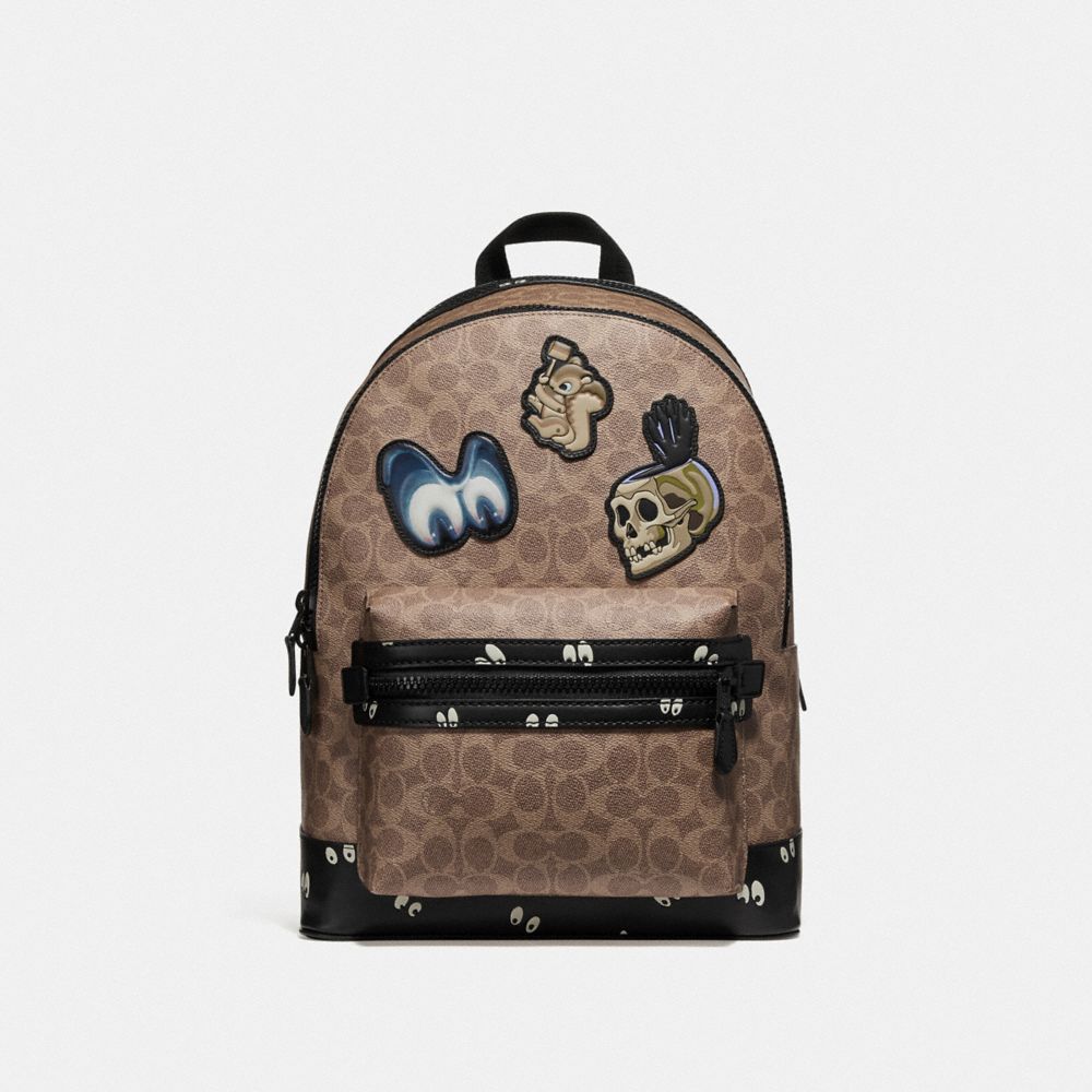 COACH®,DISNEY X COACH ACADEMY BACKPACK IN SIGNATURE PATCHWORK,Coated Canvas,Large,Matte Black/Khaki,Front View image number 0