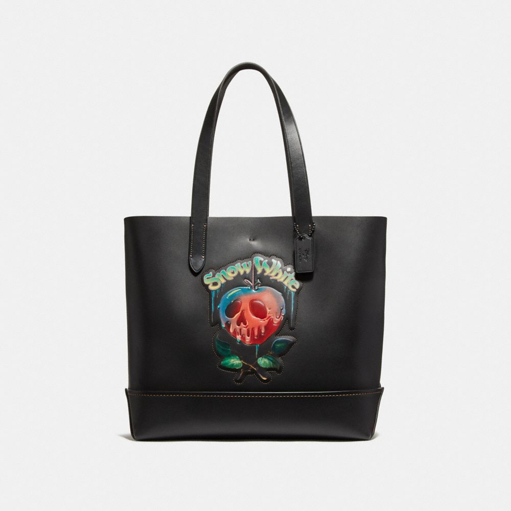 COACH®,DISNEY X COACH GOTHAM TOTE WITH POISON APPLE GRAPHIC,Leather,Large,Matte Black/Black,Front View