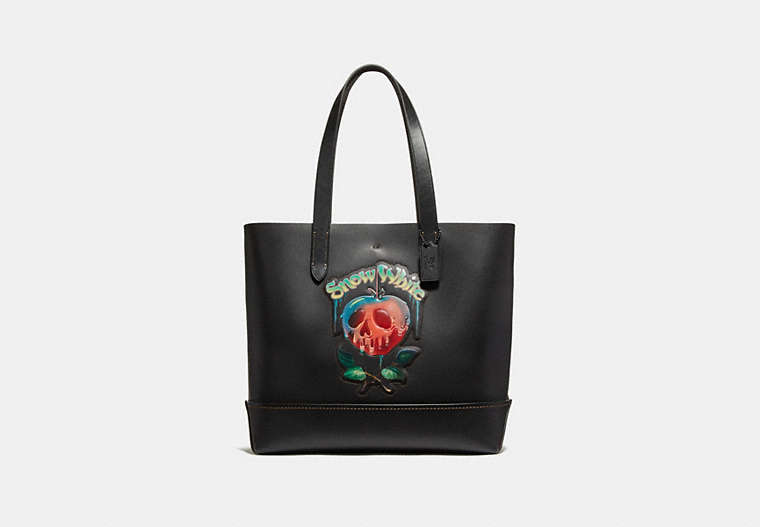 COACH®,DISNEY X COACH GOTHAM TOTE BAG WITH POISON APPLE GRAPHIC,Leather,Matte Black/Black,Front View image number 0