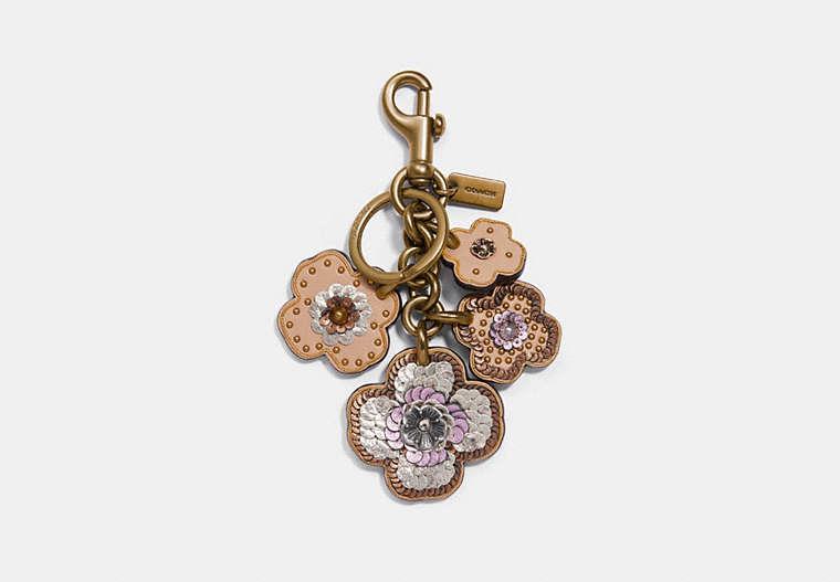 COACH®,LEATHER SEQUIN APPLIQUE TEA ROSE MULTI BAG CHARM,Metal Leather,Gold/Beechwood,Front View