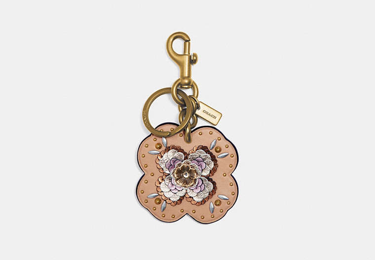 COACH®,LEATHER SEQUIN APPLIQUE TEA ROSE BAG CHARM,Smooth Leather,Gold/Beechwood,Front View