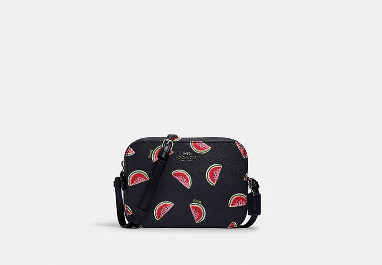 COACH®,MINI CAMERA BAG WITH WATERMELON PRINT,Silver/Navy Red Multi,Front View